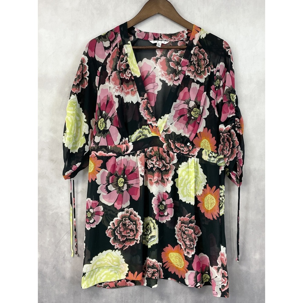 Cabi Floral Chiffon Tunic Top Women Large Gemini Sheer Boho Flowy Romantic Indie